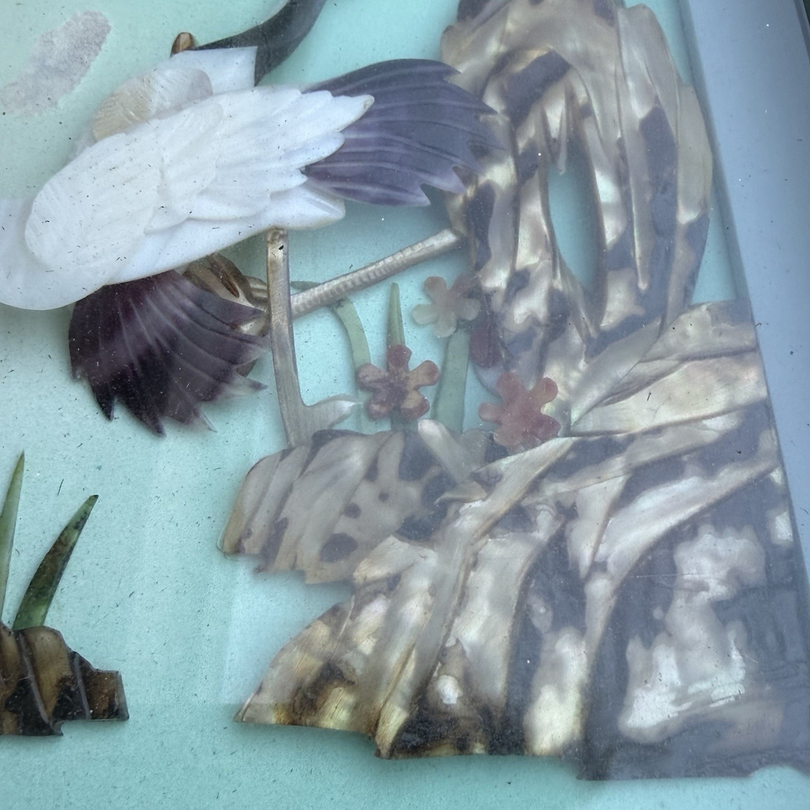 Vintage Asian 3D Shadowbox Wall Hanging Red-Crowned Cranes Shell Nature 9.5×5.5”