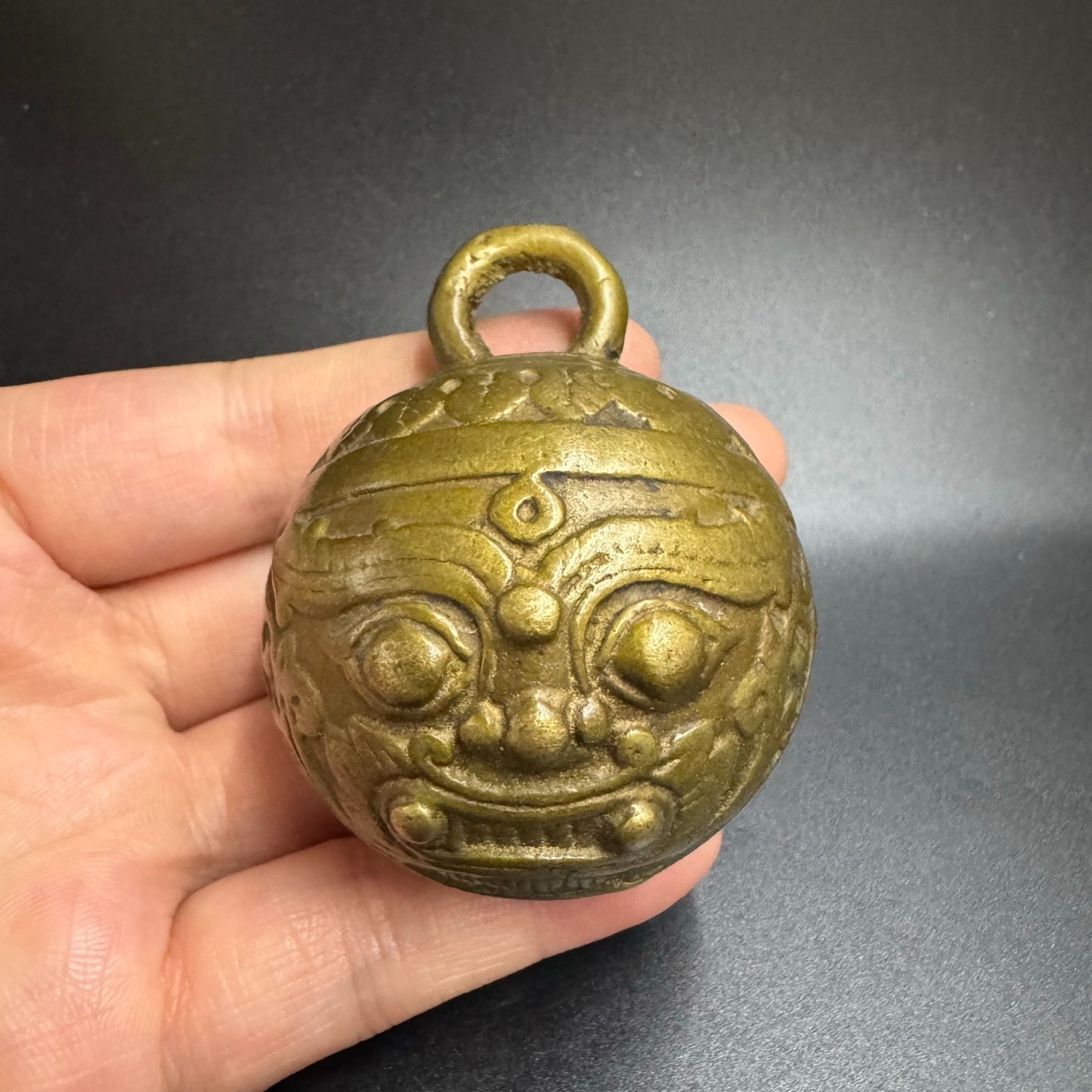 Vintage Chinese Bronze Lion Face Bell Antique Brass Beast Head Hanging Ornament