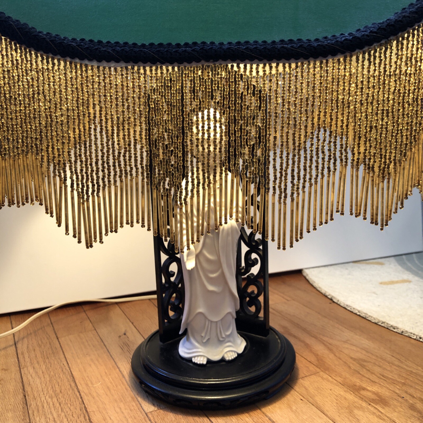 Blanc De Chine Buddha Figurine Lamp Green Shade Wooden Stand Vintage Asian Boho