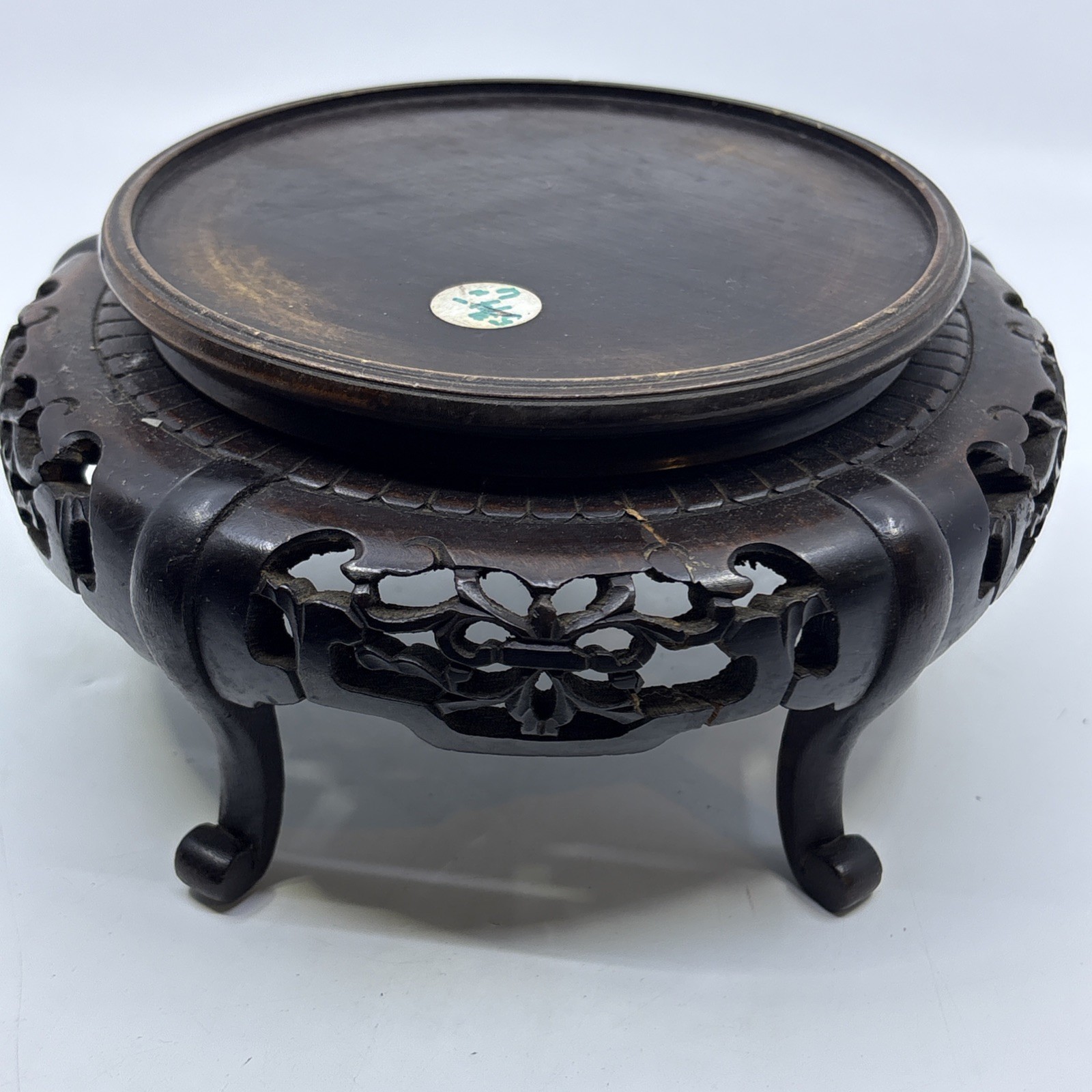 Vtg Chinese Wood Display Stand Vase Plant Asian Lamp Base Footed Round 6″ Inner