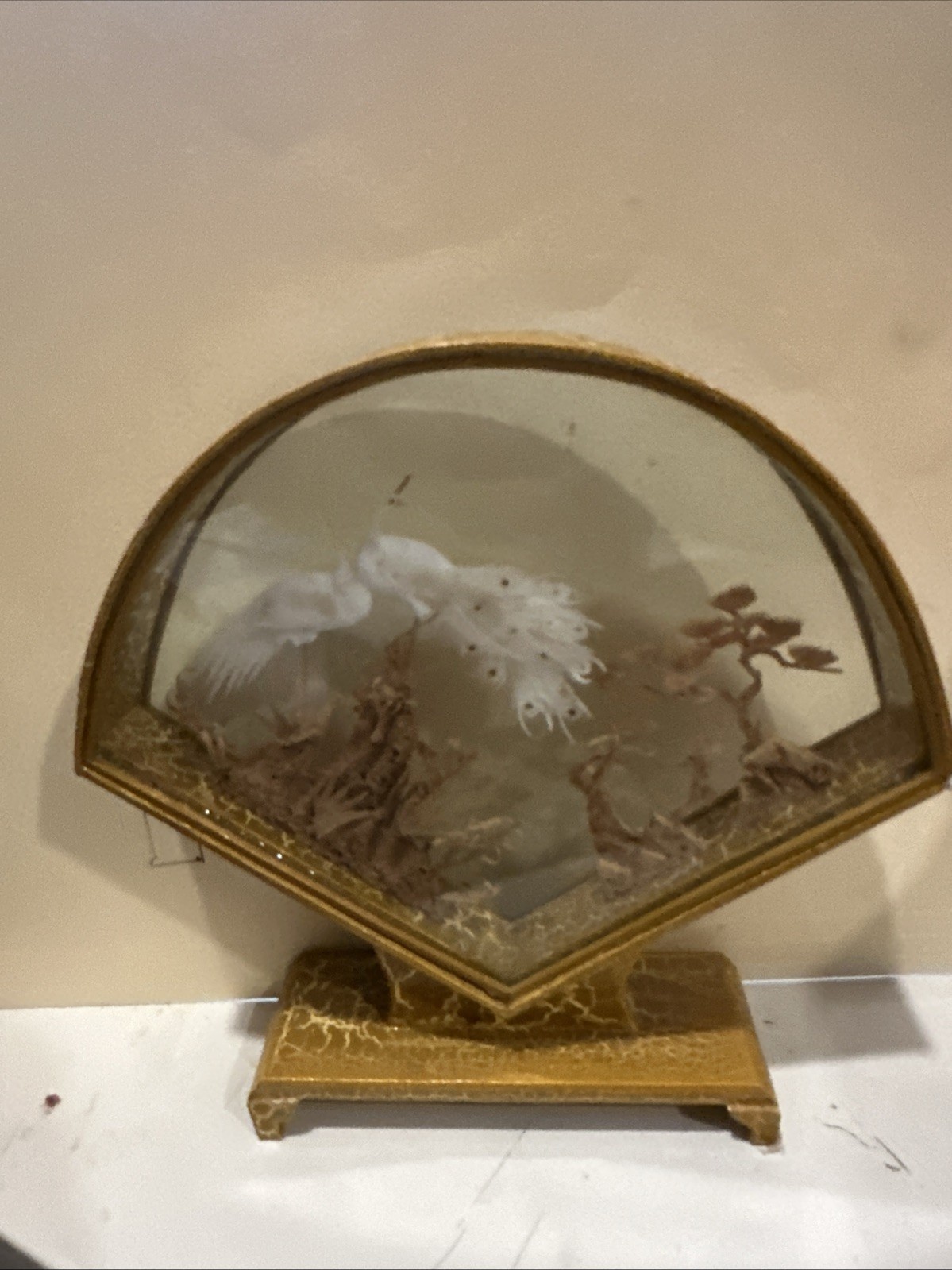 Asian Diorama Shadow Box Cork Sculpture Peacocks Hand Carved Gold Tone Frame Vtg