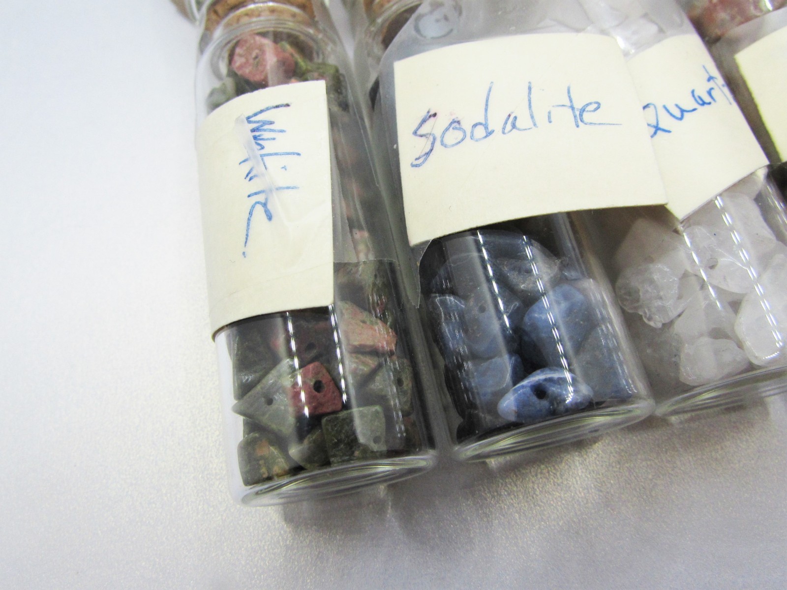 Small Natural Gemstone Bead Crystal Chip Lot- Set of 8 Glass Vials Cork Bottles
