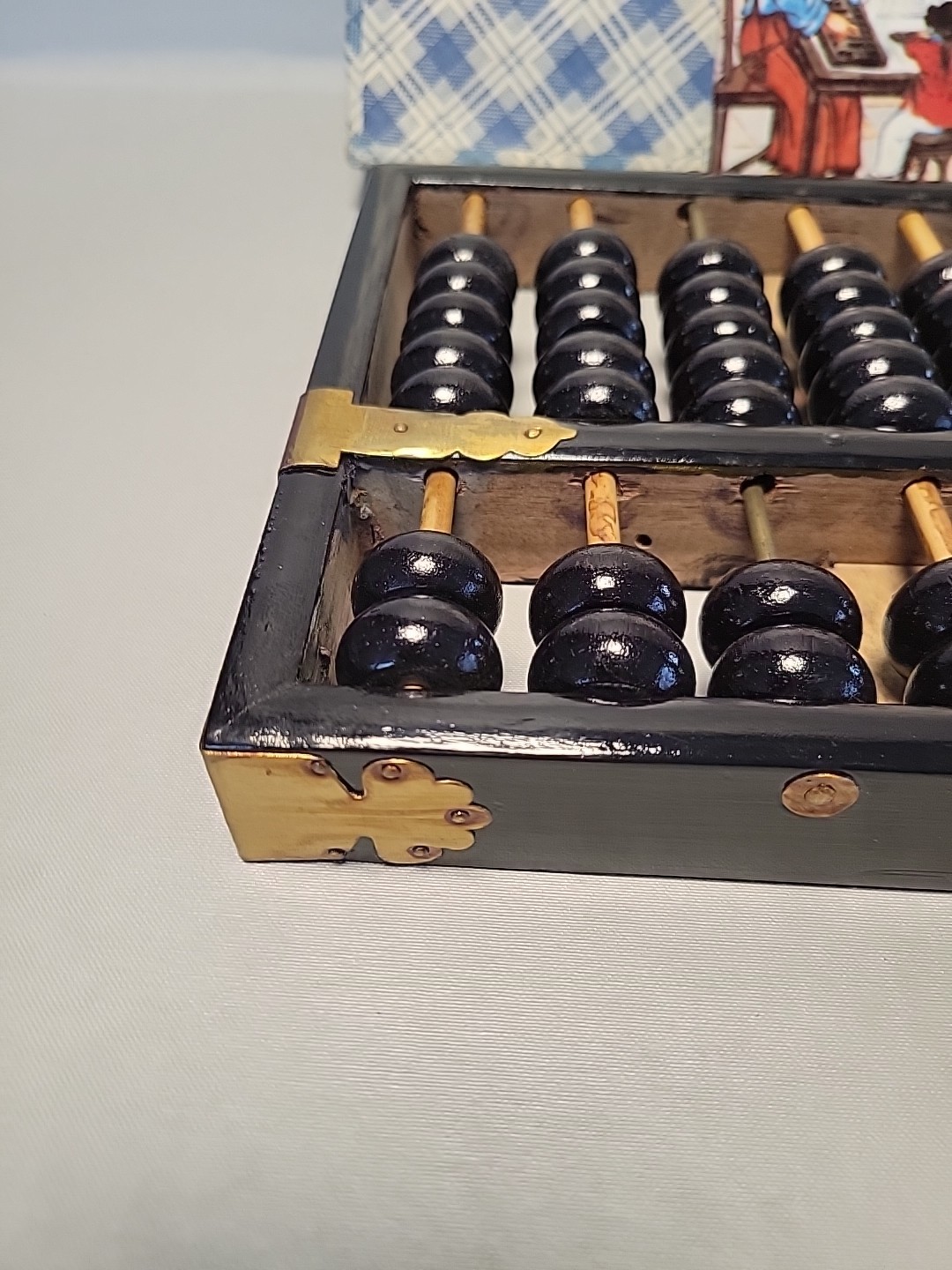 Vintage Chinese Abacus Wood & Brass Lotus Flower Brand Calculator 11 Row 77 Bead