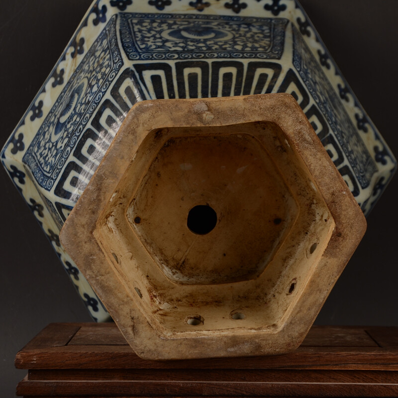 8.8″ Collect China Blue White Porcelain Lotus Flower Grain Hexagon Flower Pot