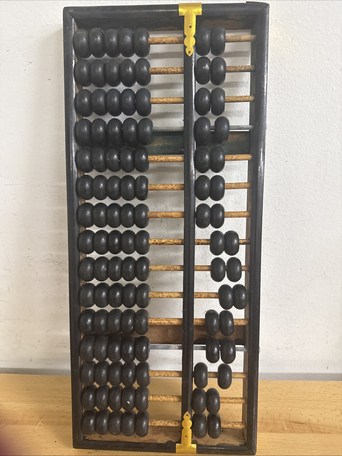 Vintage Chinese Abacus Lotus Flower Brand 15 Rods 105 Beads Wood Black & Brass