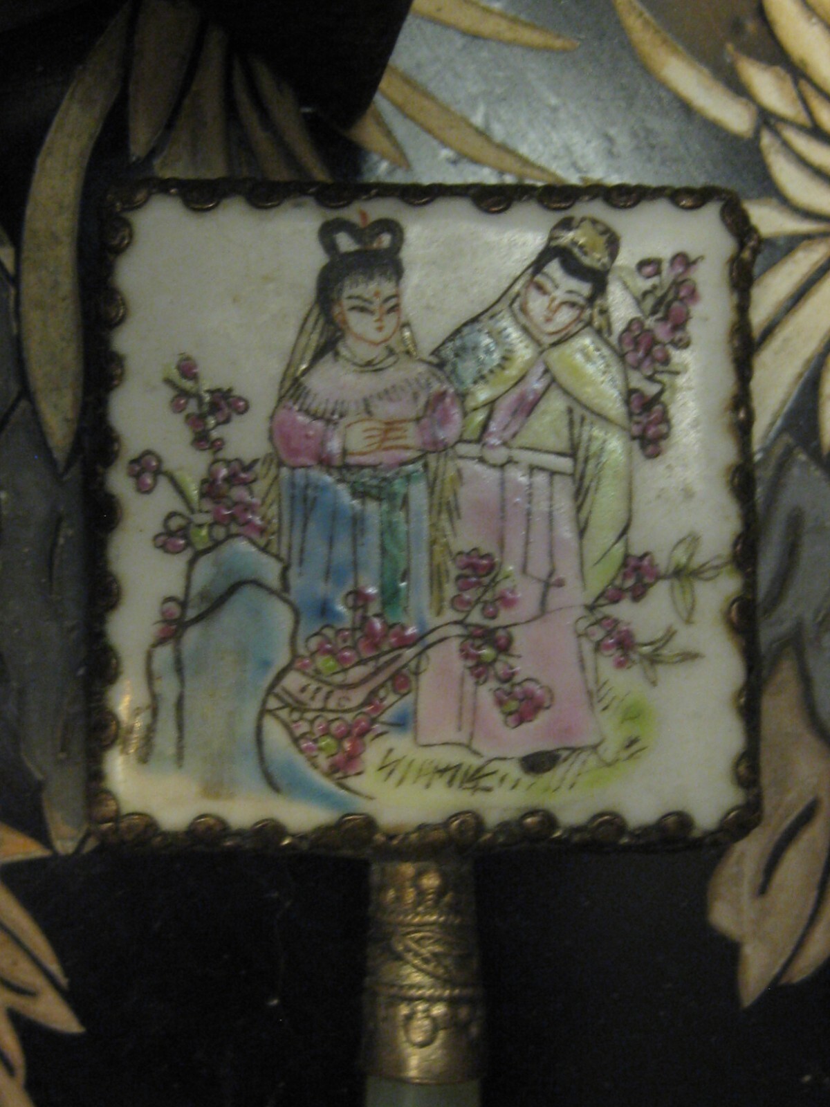 Vintage Small Asian Oriental Motif with Faux Green Jade Handle Mirror