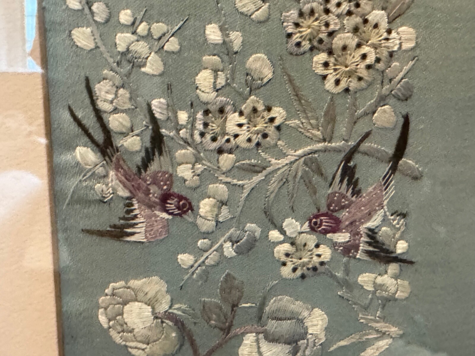 Vtg Antique Chinese Framed Silk Embroidered Textile Birds & Flowers Decoration