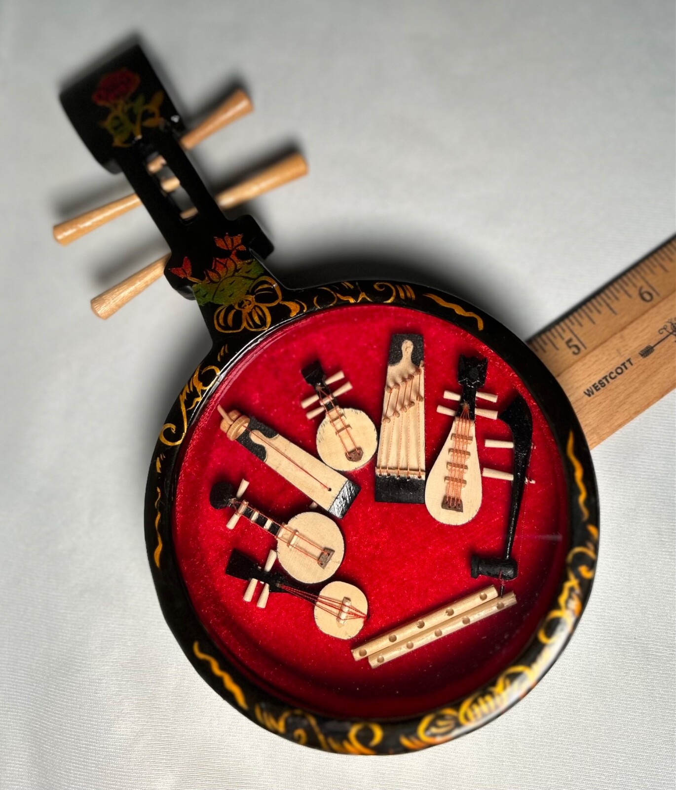 Chinese Black Lacquer Ruin-Shaped Shadow Box 8 Miniature Instruments 8.25″ READ