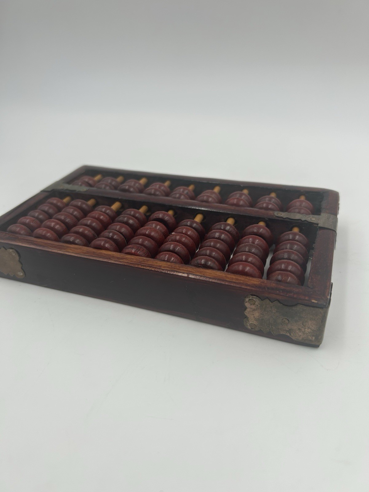Vtg Chinese Abacus Rose Wood Frame with Brass Binding 9 row and 63 Beads 7”x 4”
