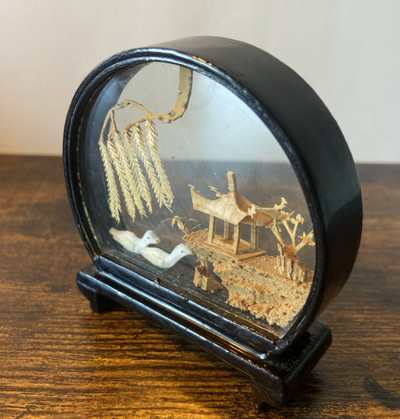 Carved Cork Chinese Art Diorama with Cranes Pagoda & Trees Black Lacquer Vintage