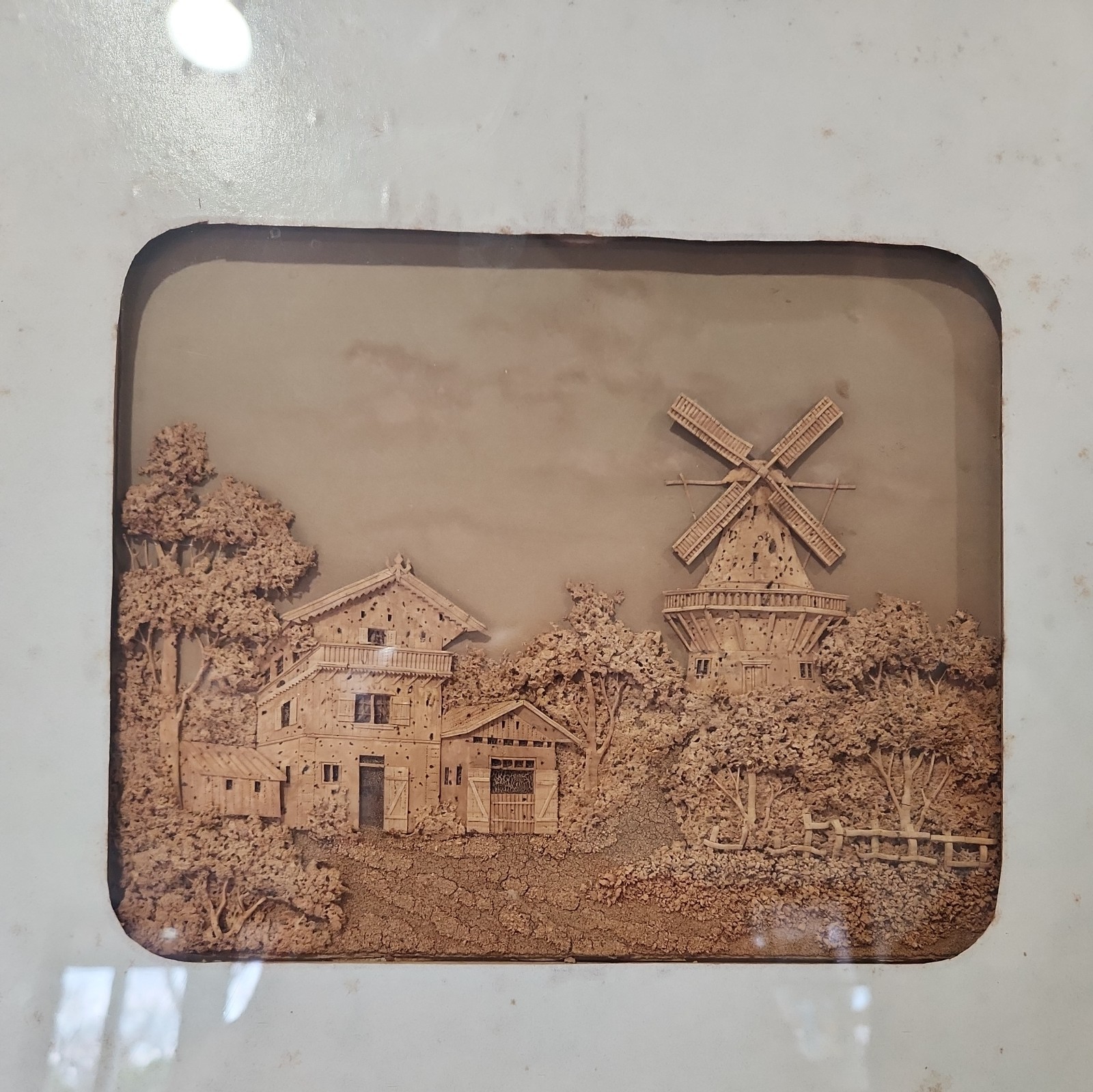 Vintage Portugal European Hand Crafted Cork Diorama Shadowbox in Ornate Frame