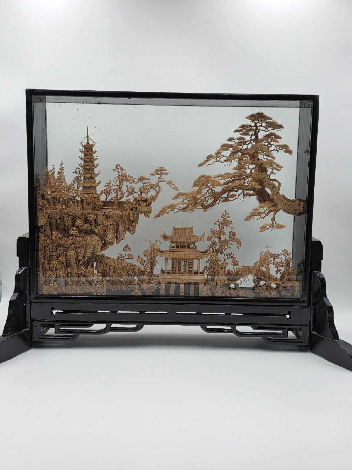 Large Scale Antique Chinese Carved Cork Diorama in Ebonised Glass Display Case