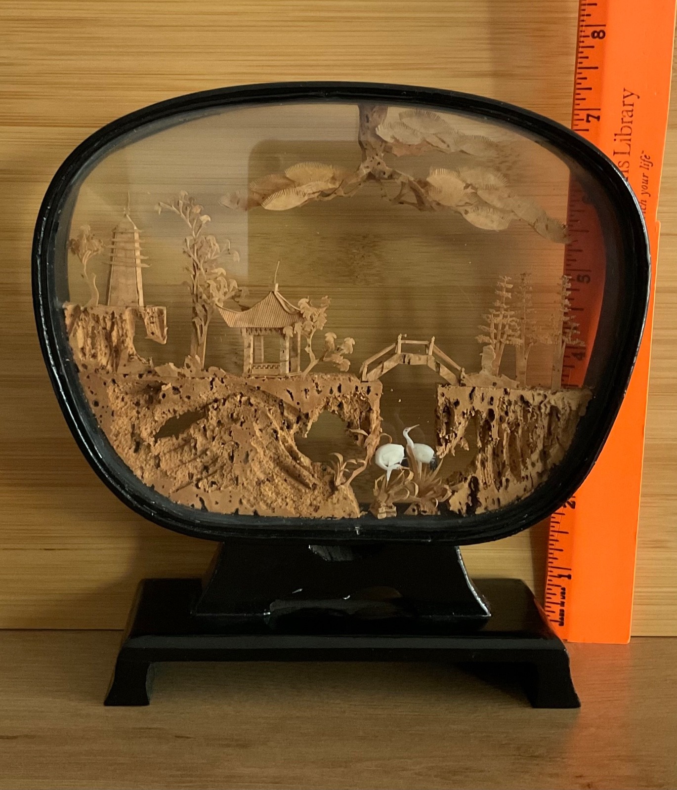 VTG Chinese Diorama Cork Carving Pagoda Trees Cranes Lacquer Glass Case 7” x 7”
