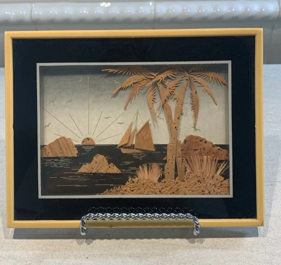 Vintage Chinese Hand Carved Cork Diorama 3D Landscape Art Shadow Box Glass Frame