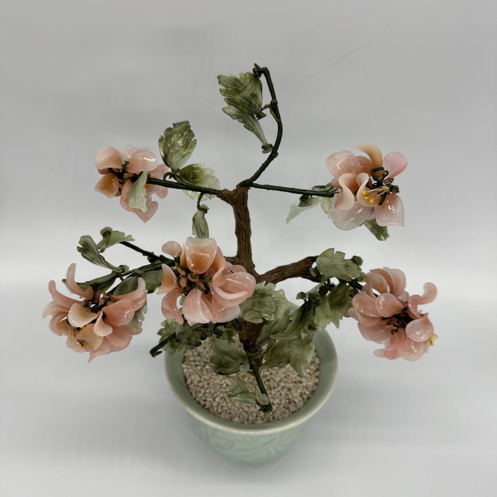Vtg Chinese Jade Glass Cherry Blossom Bonsai Tree Pink Flower Celadon Pot 11×9.5