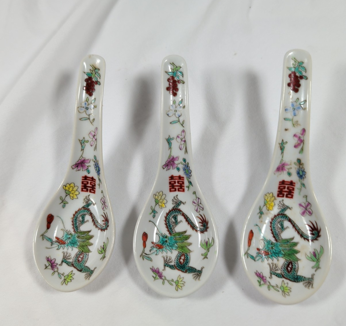Set Of 3 Jingdezhen Style Butterfly & Dragon Porcelain Soup Spoons 5.5”