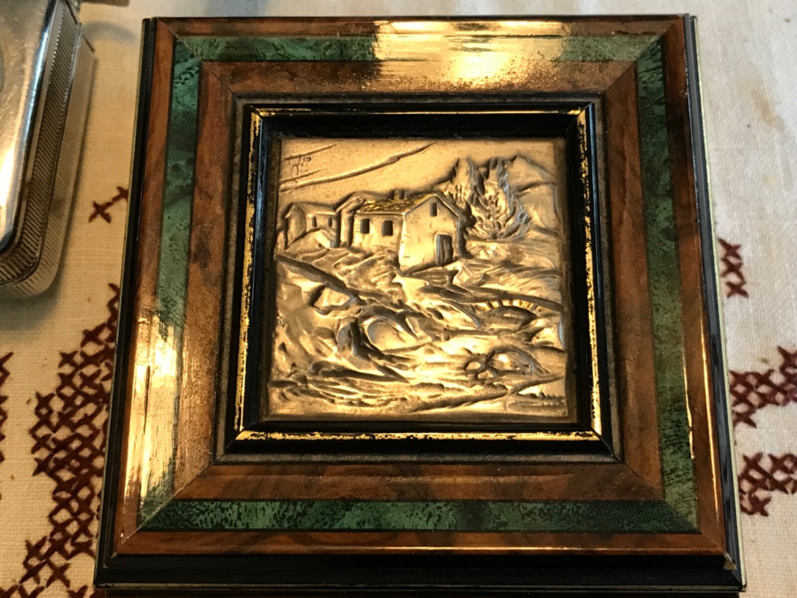 VINTAGE CARVED METAL RELIEF SCENE ITALY black laquer marguetry