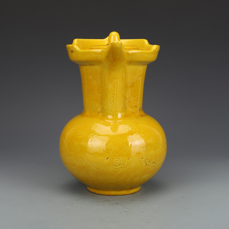 8.6″ China Ming Coke Yellow Glaze Porcelain Carve Animal Dragon Monk Hat Kettle
