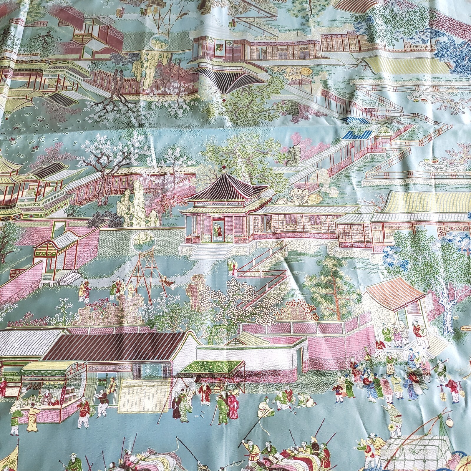 Vintage Gorgeous “Brocaded Flowers” Chinese Silk Tapestry Tablecloth 80″x54″