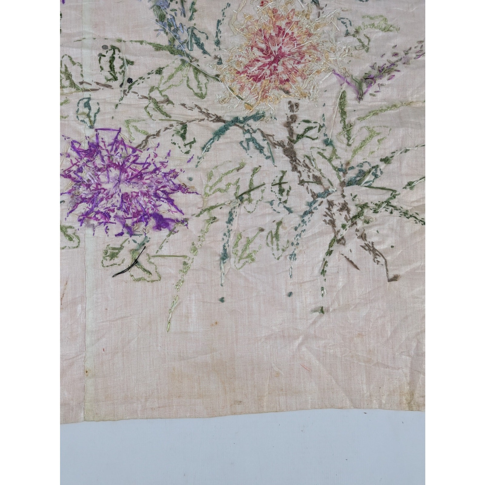 Vintage Chinese Hand Embroidered Floral & Butterfly Silk Textile 23x18in