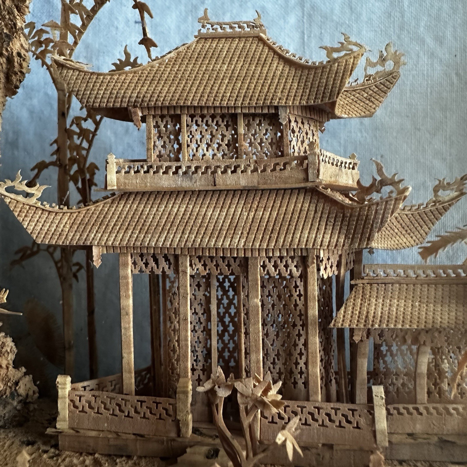 Vintage Chinese Cork Art Diorama 12.5” Pagoda Bridge Cranes Display Case