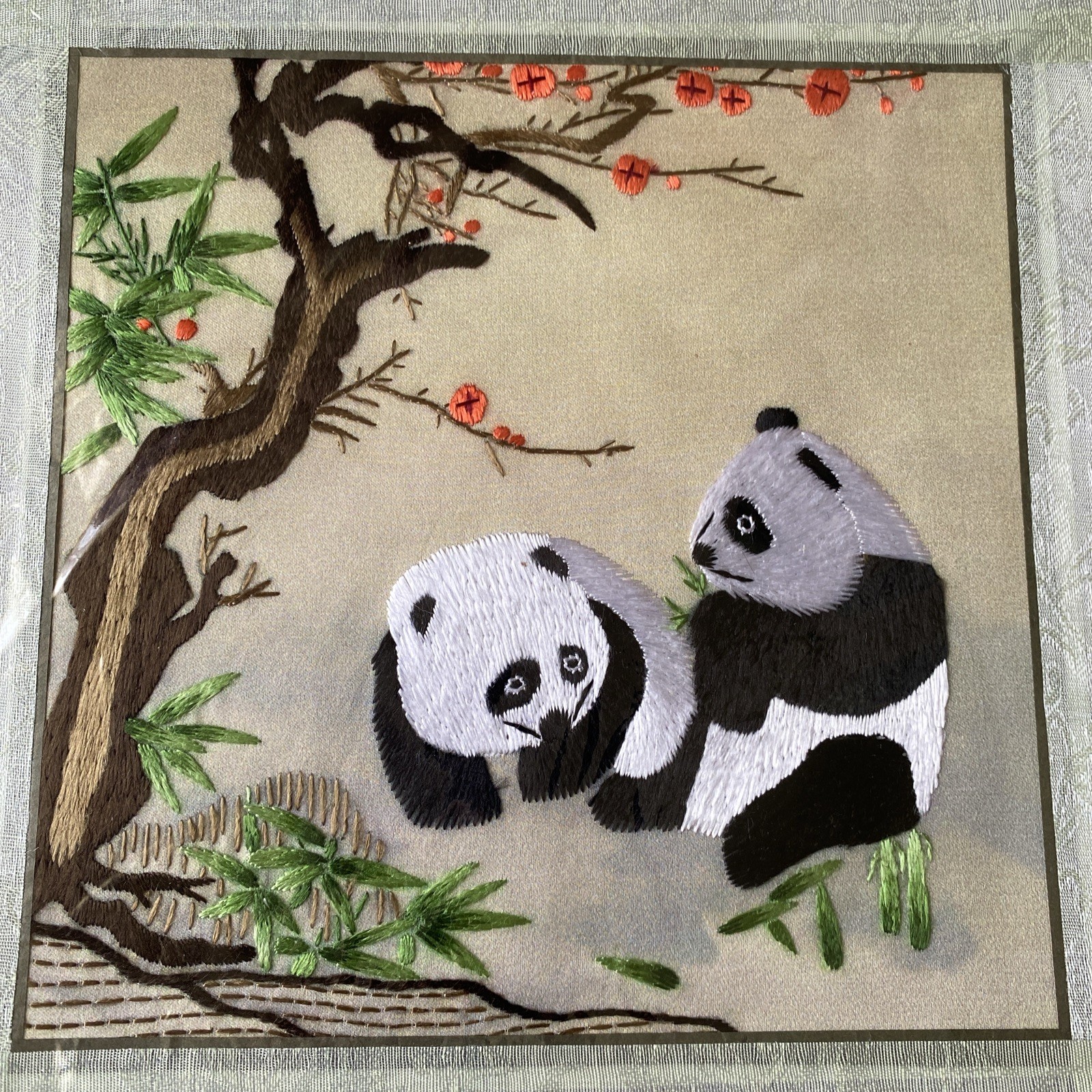 Chinese Asian 100% Silk Tapestry Embroidery Pandas 16″ x 17″ AS IS
