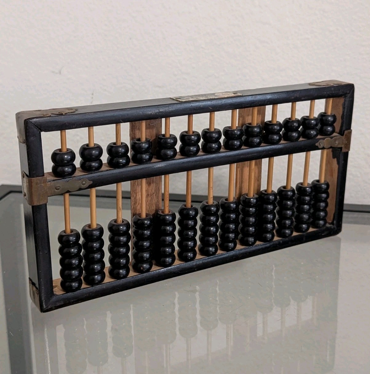 Vintage Chinese Lotus Flower Brand Wood Wooden Abacus Brass Accents 12 Rows