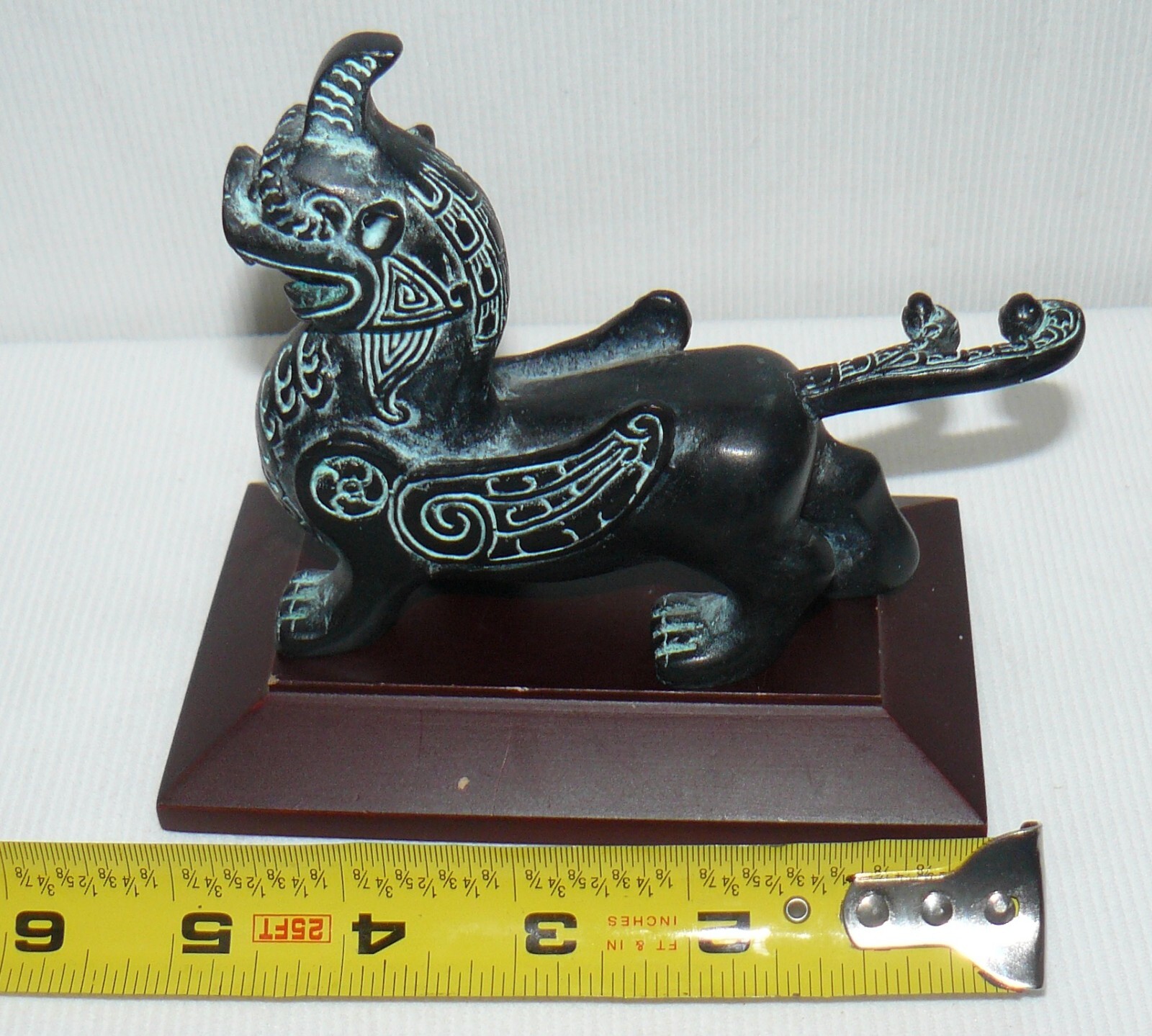 Chinese Bronze Griffin On Wood Stand 5×5″ Hollow