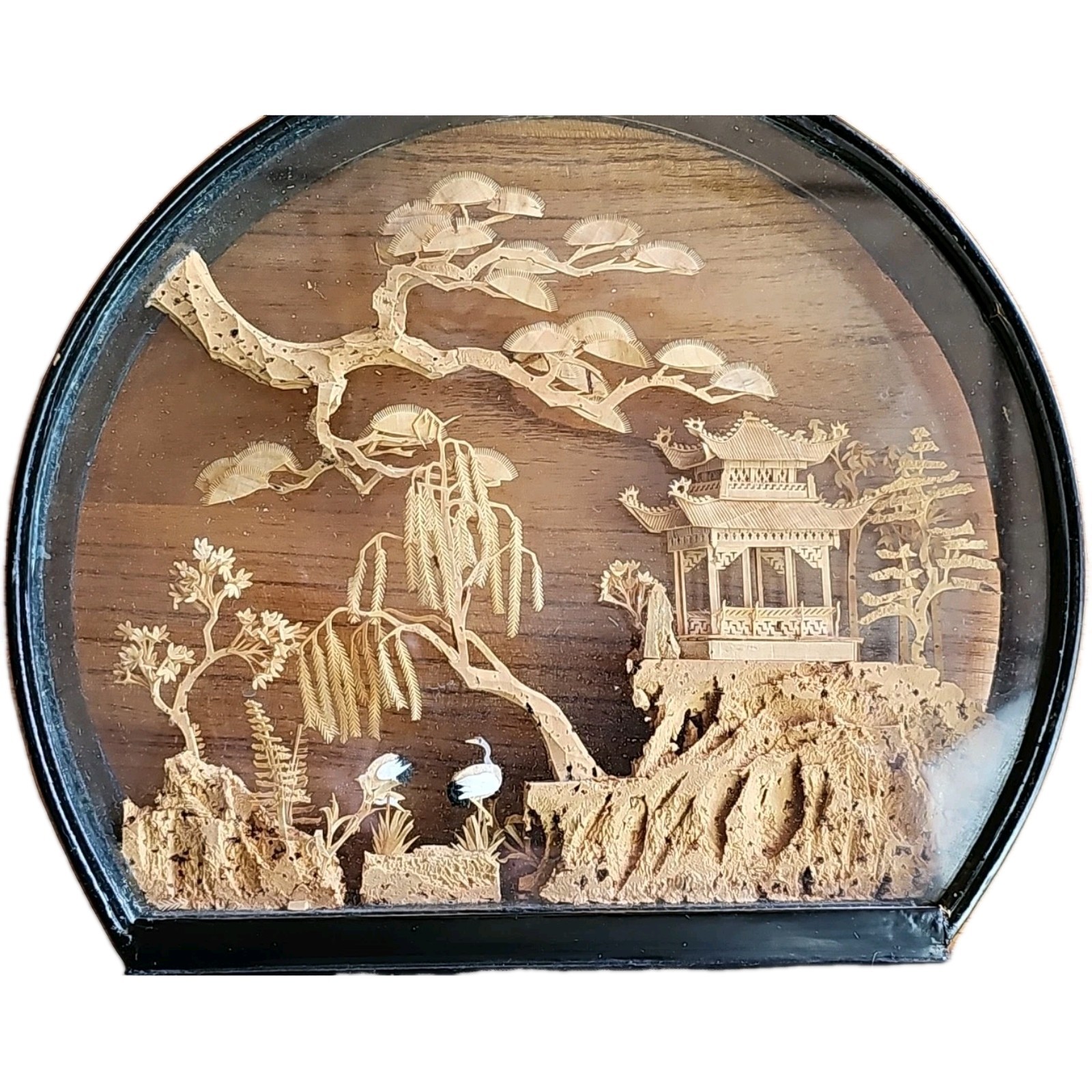 Vintage Chinese San You Diorama Cork Carving Glass Case Pagoda Trees & Cranes