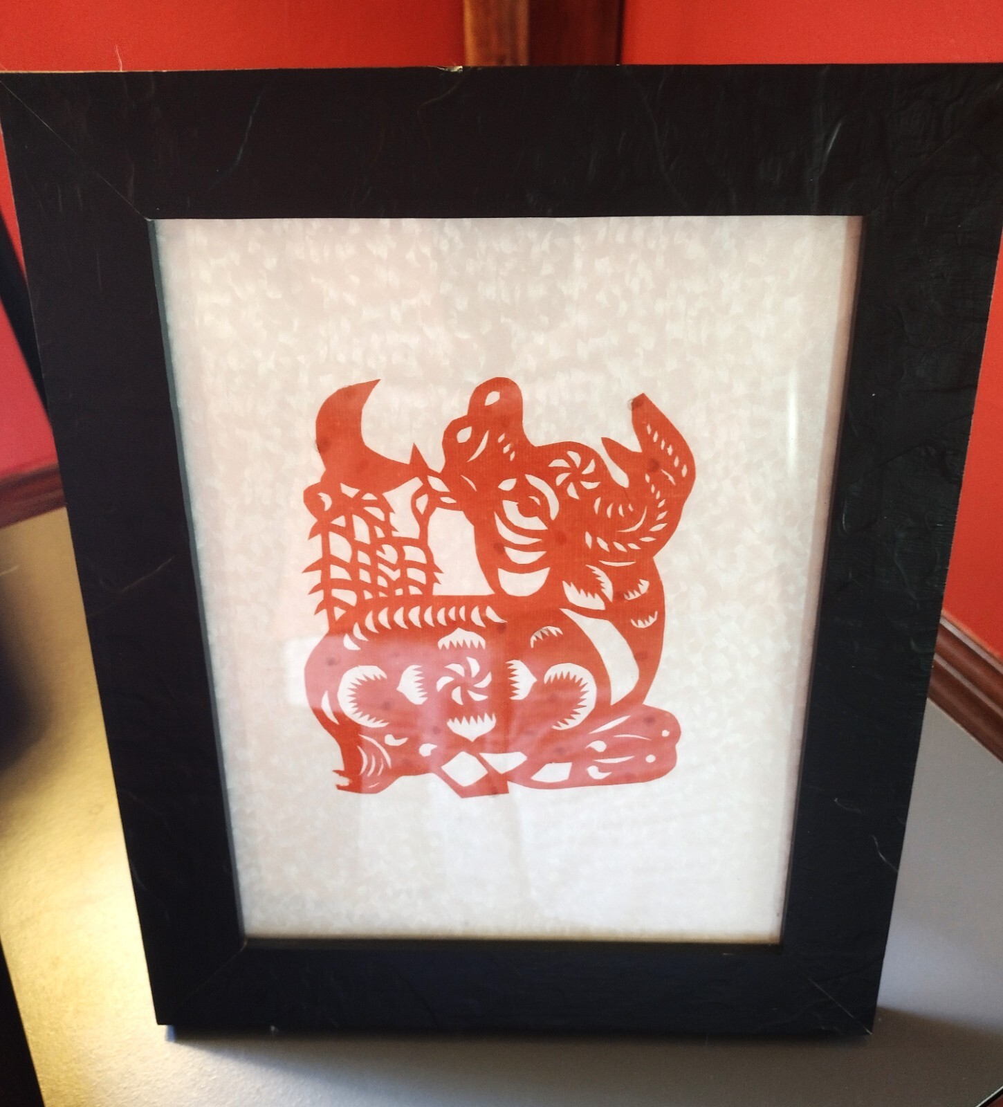 Chinese Paper Cut Out Jianzhi Artwork Year of the Ox Framed under Glass