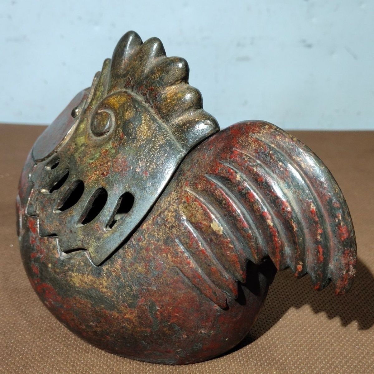 Vintage Solid Copper Mud Rooster Incense Burner Hollow Split Censer Home Decor