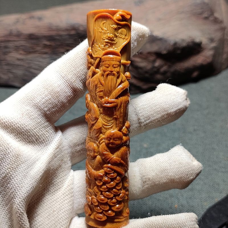 High Density Solid Bamboo God of Wealth Carving Handheld Wenwan