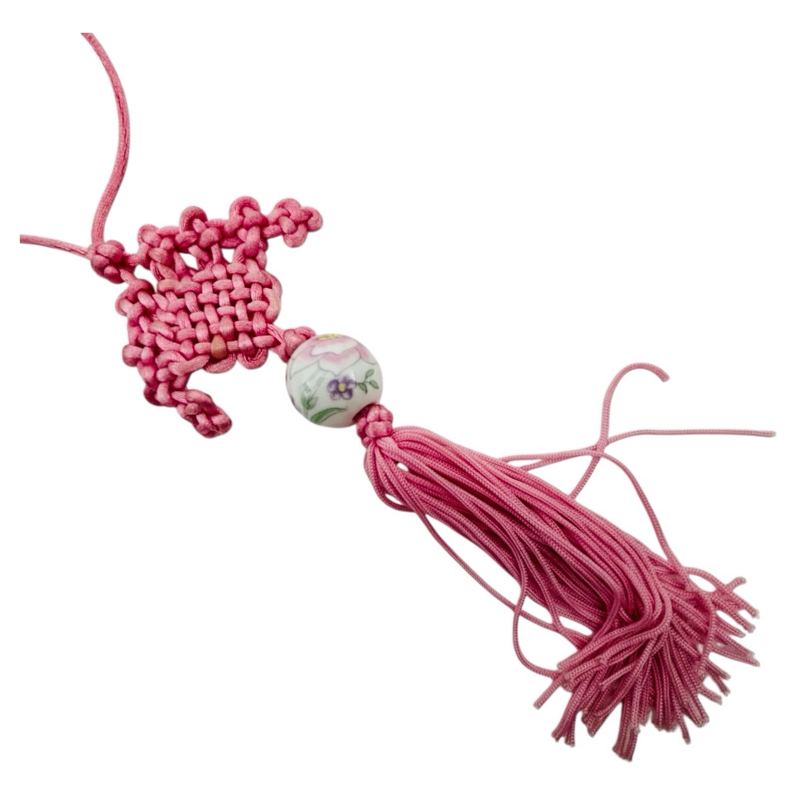 Oriental Chinese Lucky Knot Hanging Porcelain Ornament Pink With Tassel