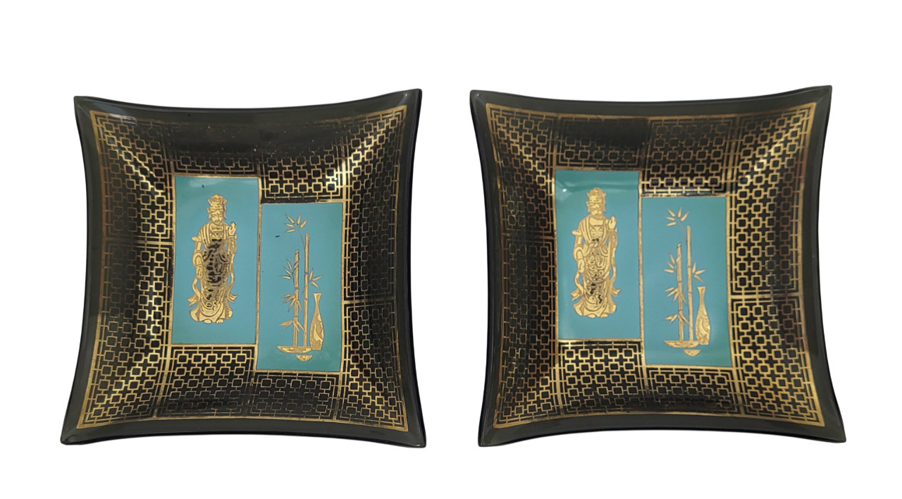 Chinese Goddess Square Black Glass & 24K Gold Ash Tray Trinket Dish Set of 2