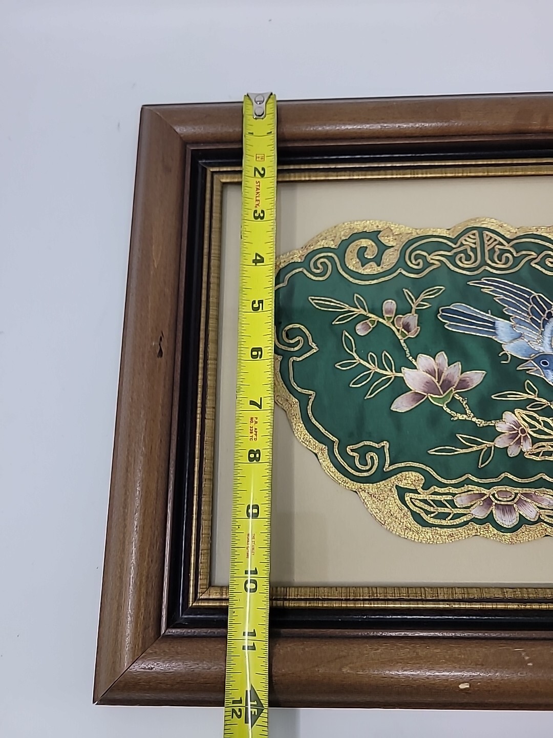Two Framed Vintage Golden Cloud Green Chinese Hand Embroidered Panel