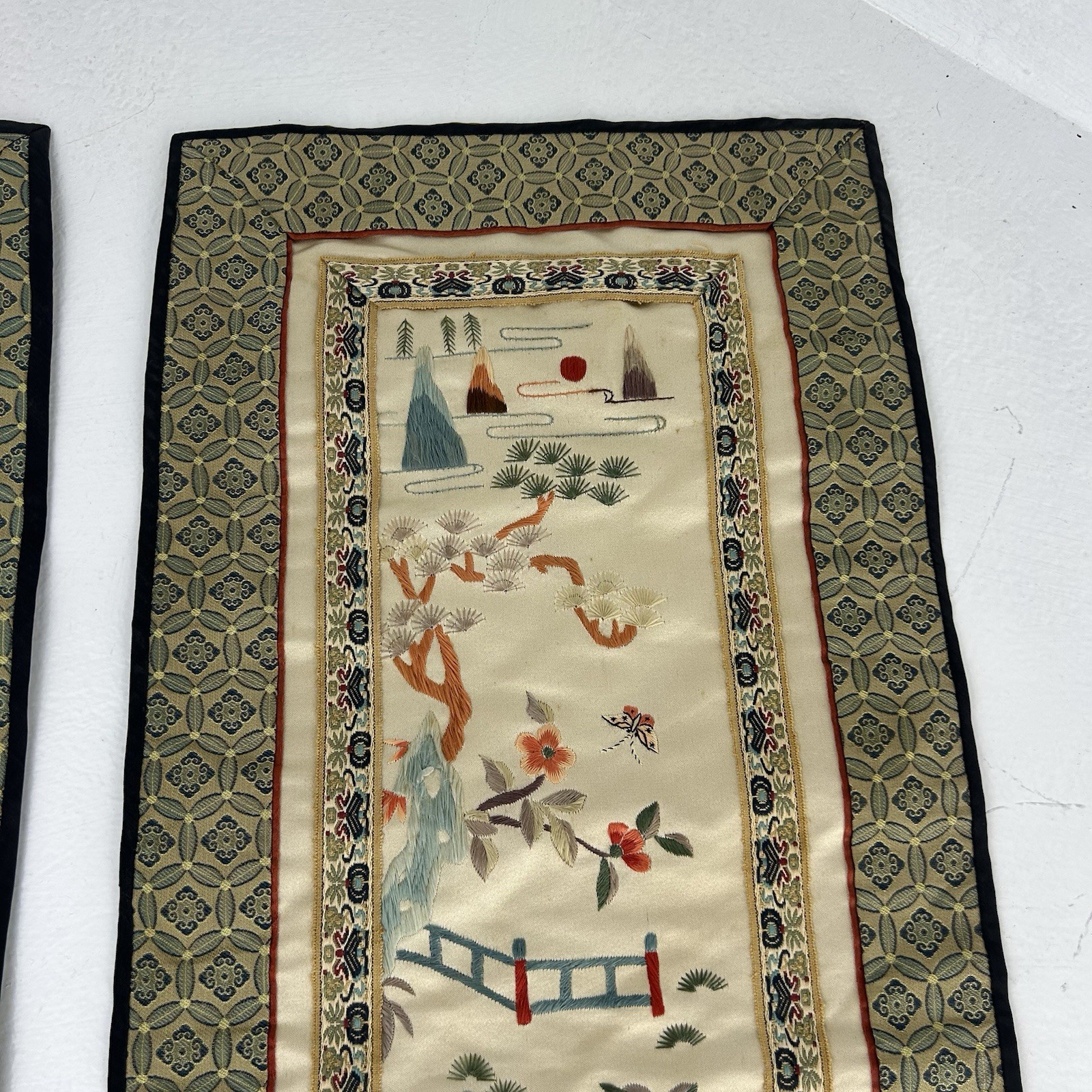 Vintage Asian Silk Panels Embroidery Needlepoint Wall Hanging Set Lot Pair 2