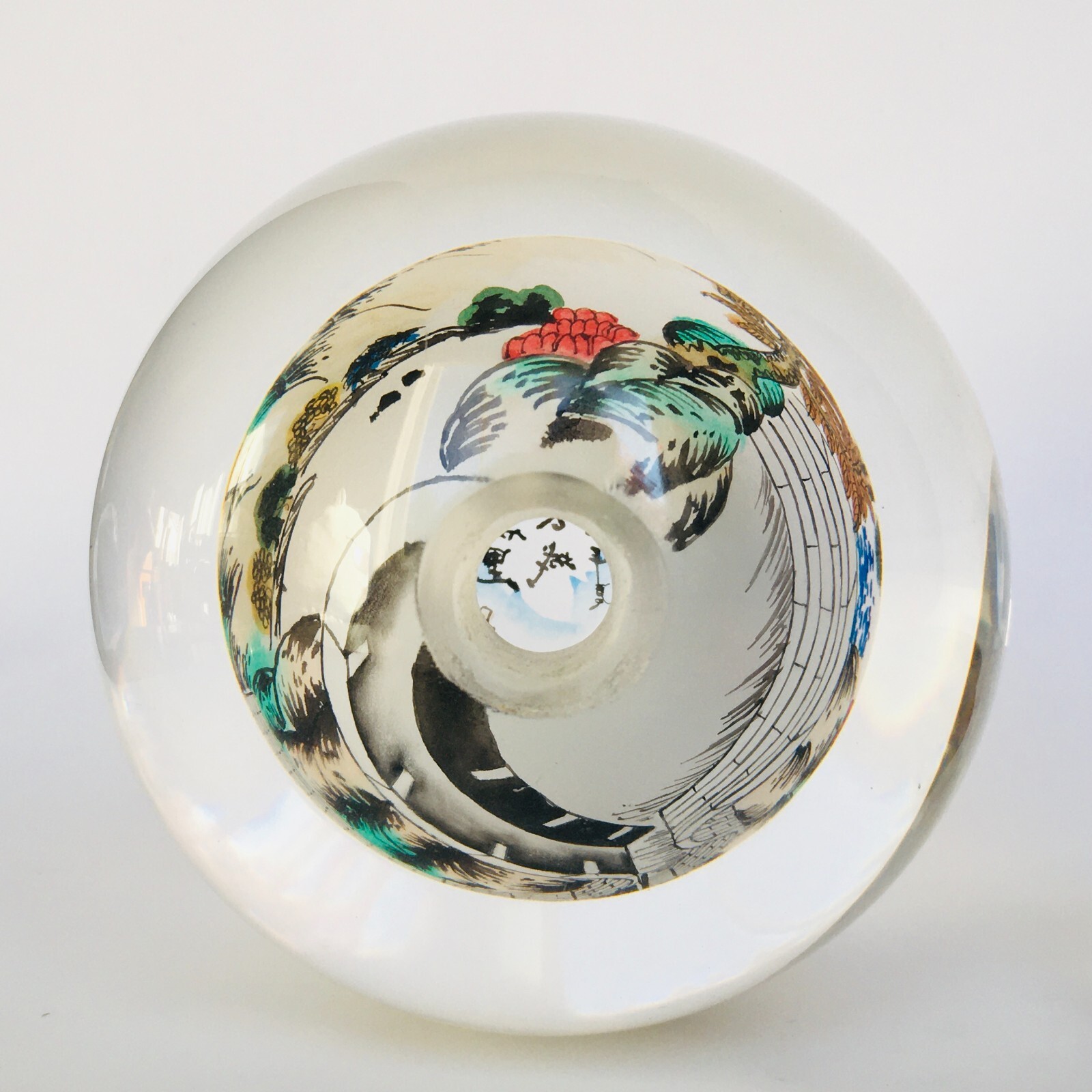 Reverse Painted Great Wall Vintage Glass Crystal Ball Sphere Signed 4.5″