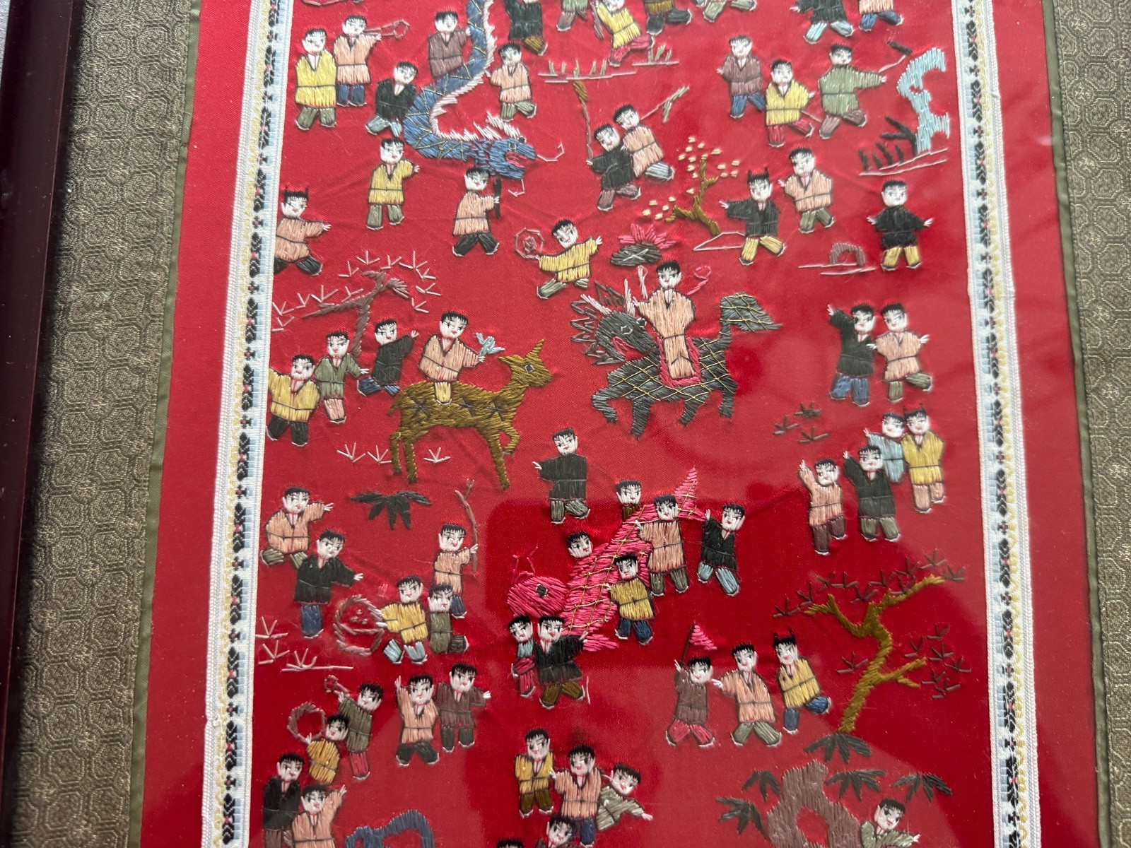 “Hundred Children Scene” Chinese Hand-Embroidered Silk Panel/Frame