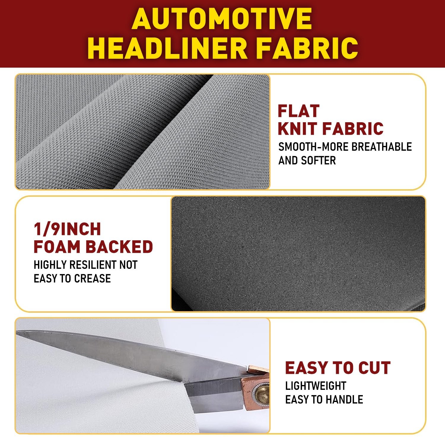 Grey Flat Knit Headliner Fabric Foam Back Auto Roof Repair Upholstery Material
