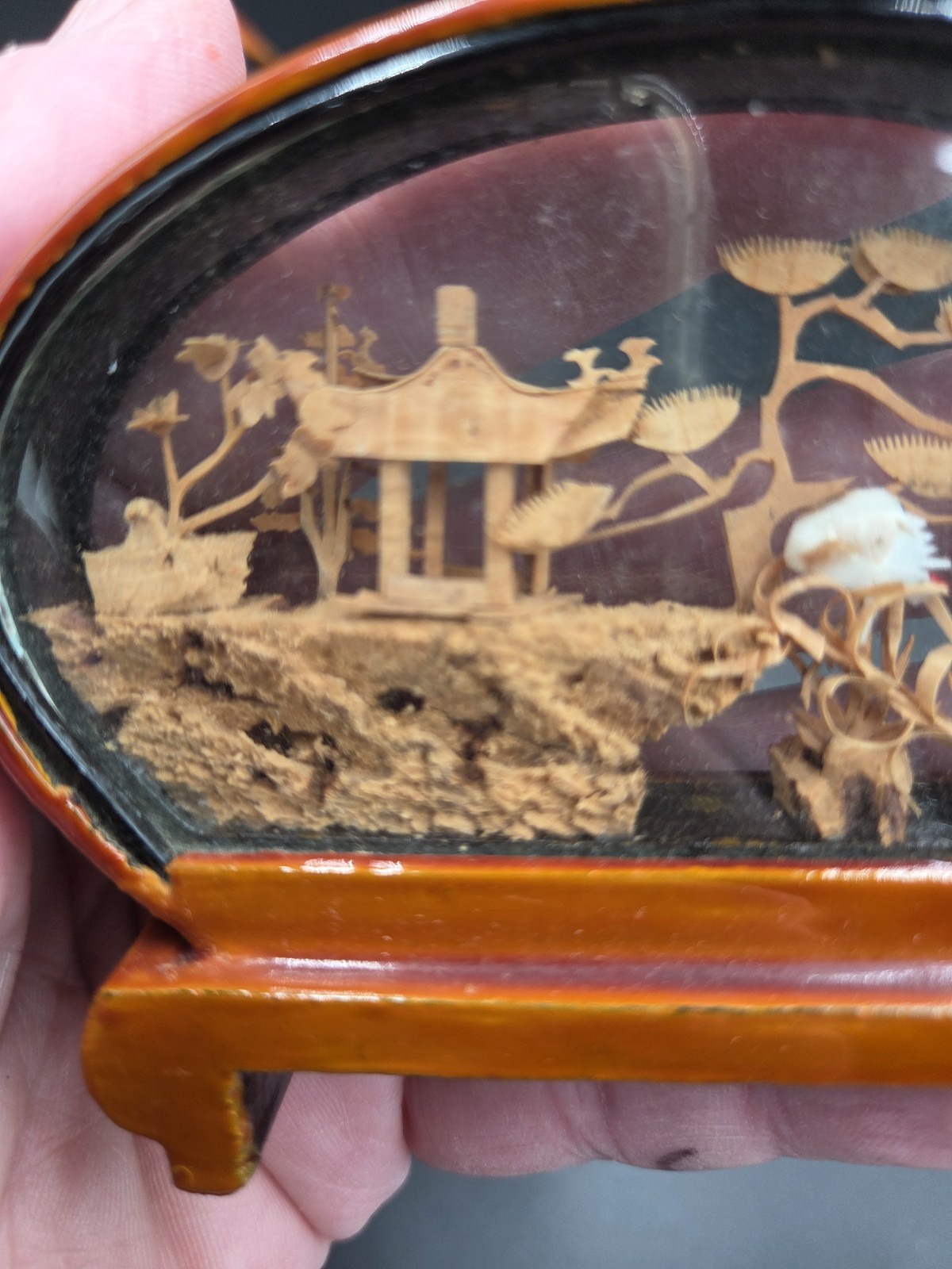 Vintage Asian Carved Cork Diorama Art In Wood/Glass Shadow Boxes 5 pieces