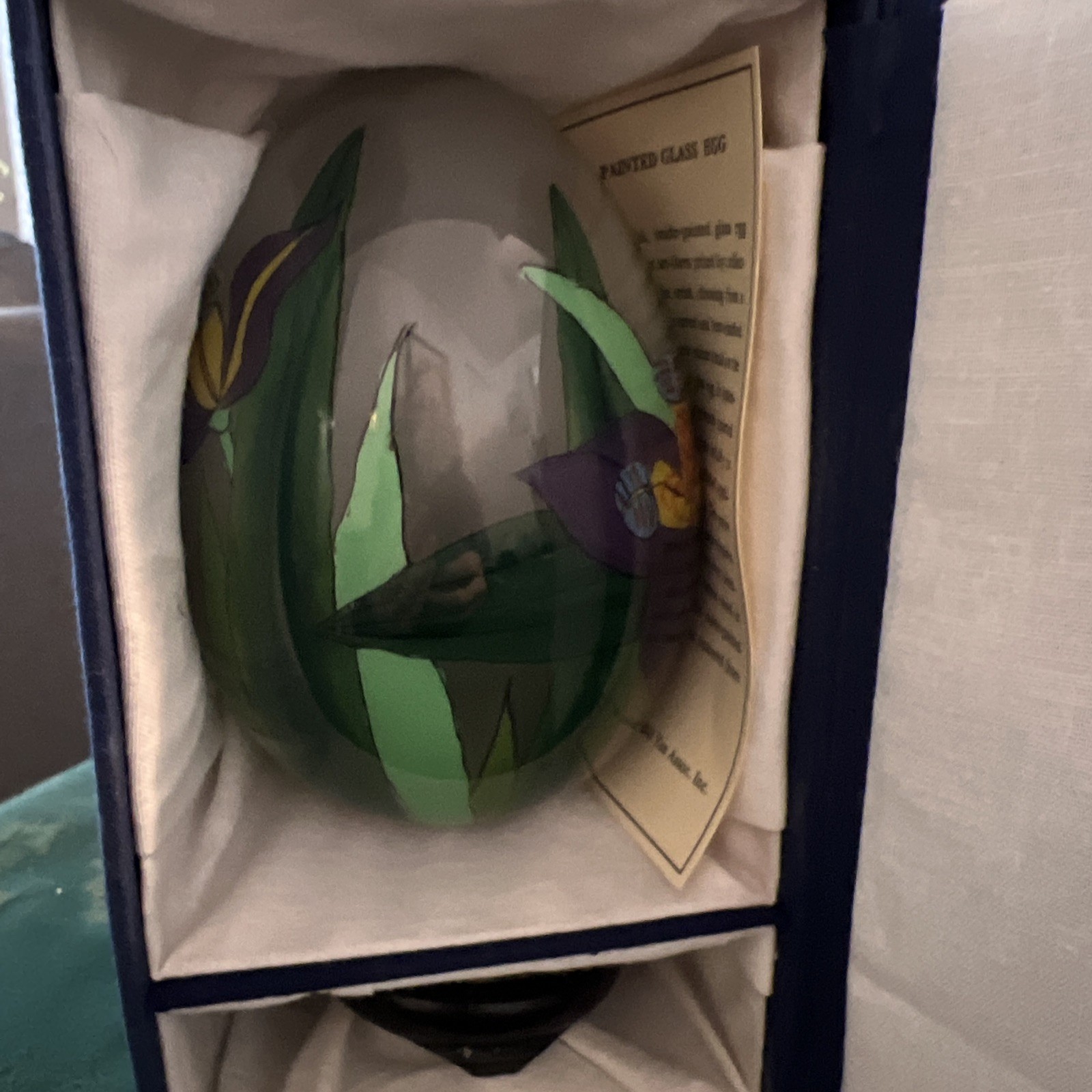 VTG CHINESE REVERSE PAINTED EGG FLORAL WITH STAND AND BOX 5”