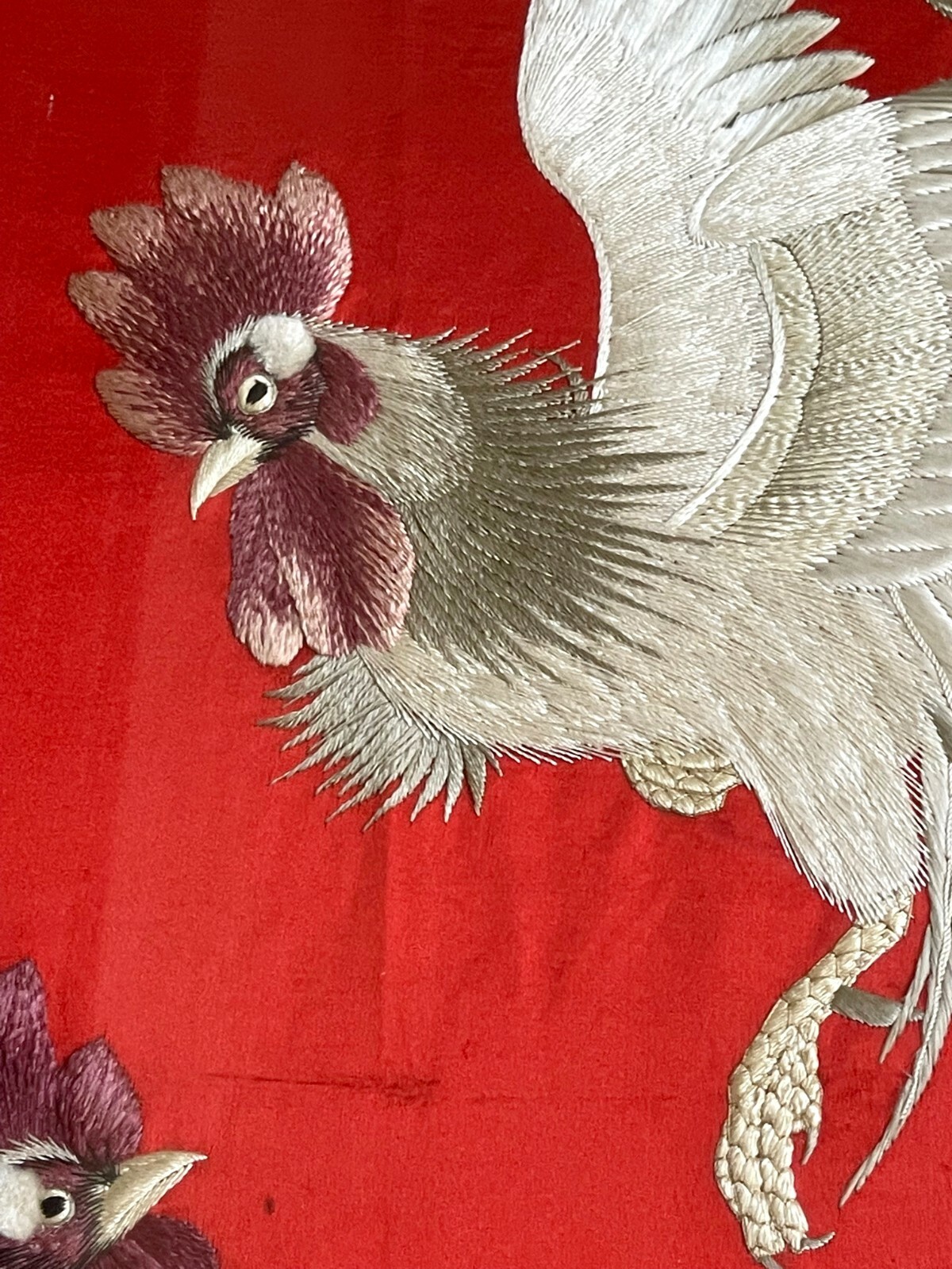 Framed Japanese Embroidery Textile Panel Rootsters Signed