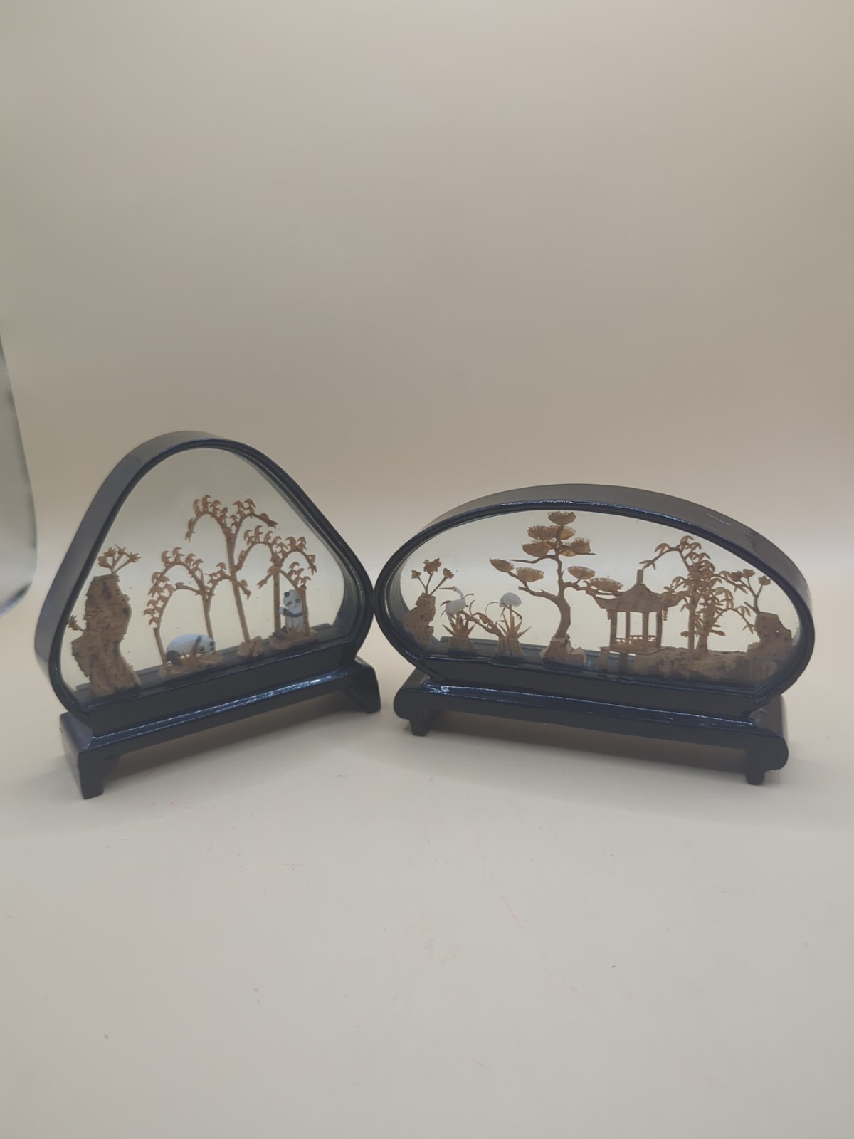 Vintage 2 Hand Carved Cork Diorama of Storks And Pandas in Black Lacquer Frames