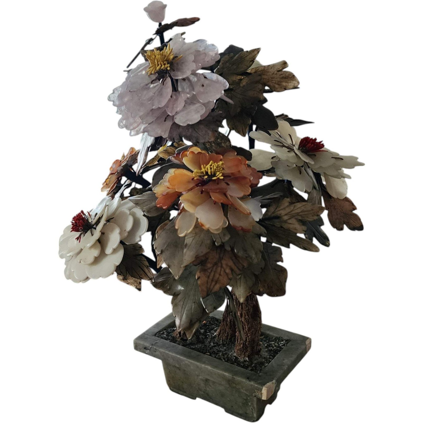18″ Chinese Jade and Quartz Bonsai Glass Tree in Celadon Pot
