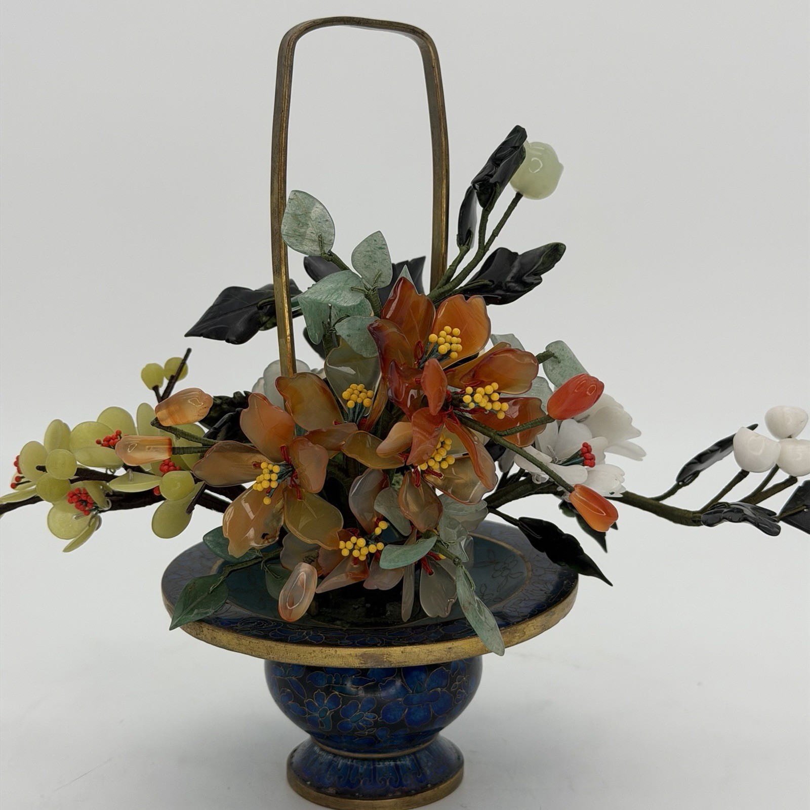 Vintage Jade Bonsai Tree Flowers Basket Cloisonné Pot 7.5” Brass Handle