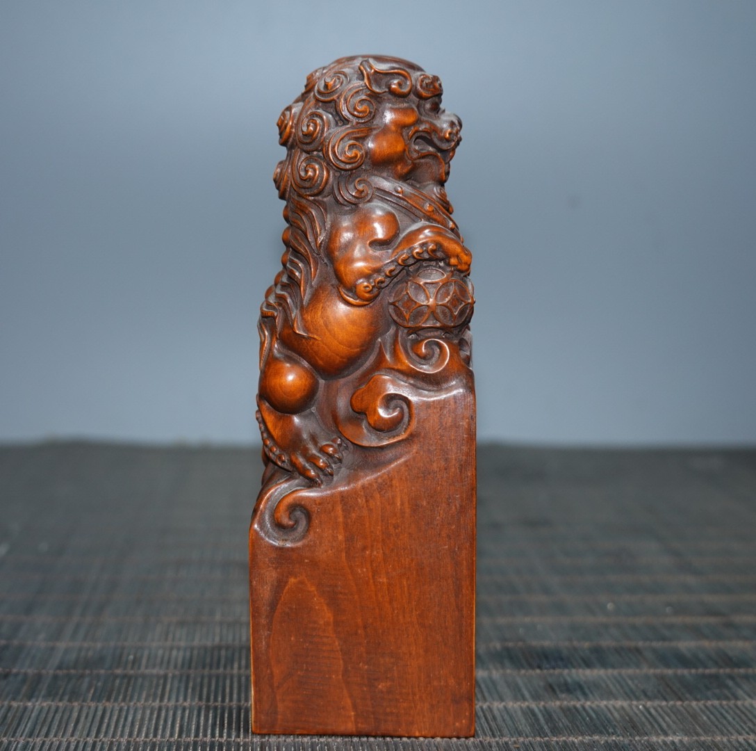 4.7″ Collect China Box-wood Carving Animal Foo Fu Dog Lion Seal ‘Uncarved Base’