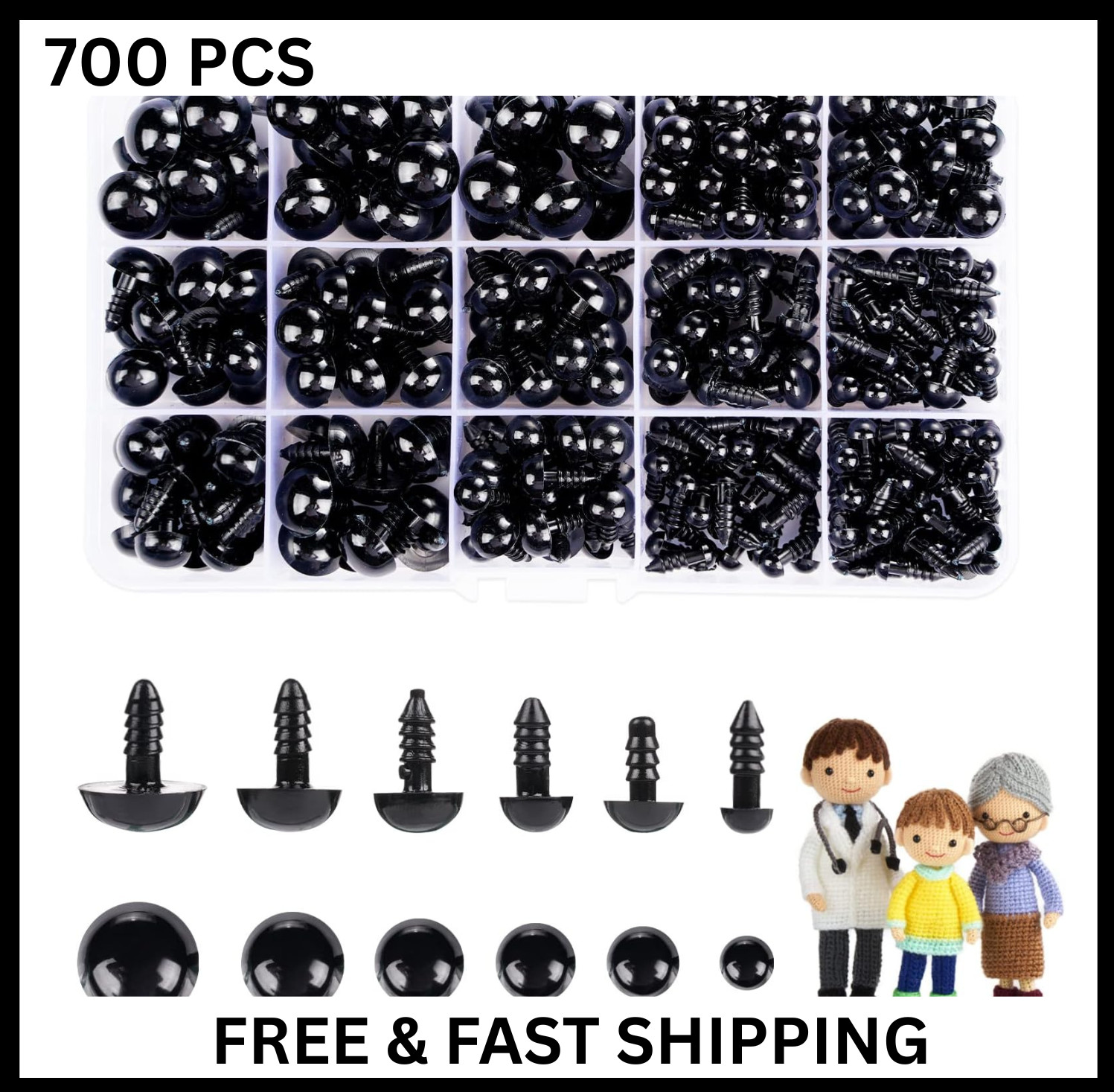 120 or 700 Pcs Black Plastic Crochet Safety Eyes with Washers for 6-14mm Stuffed