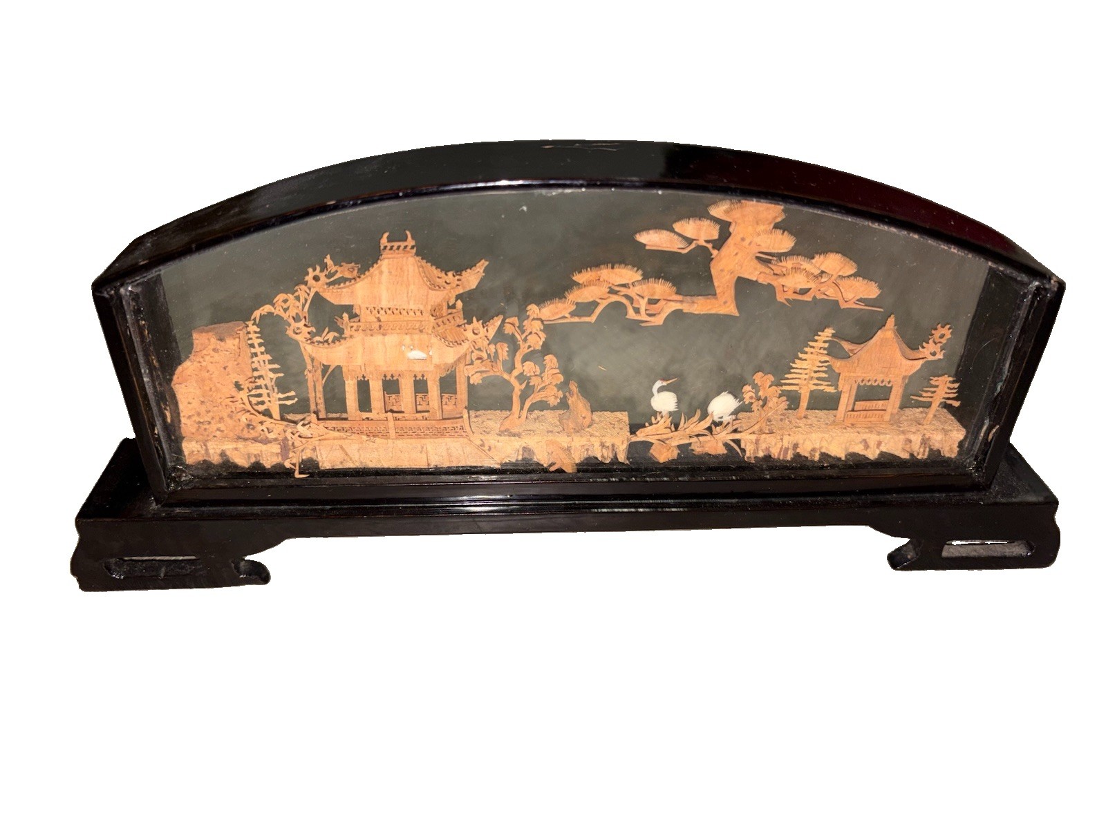 Chinese Carved Cork Diorama Pagoda Landscape Birds in Black Case, Black & Gold
