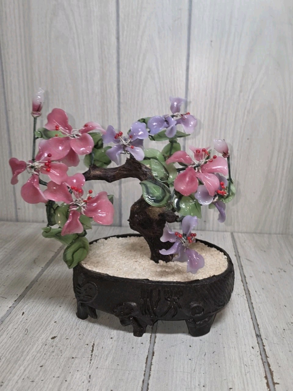 Vintage Chinese Peking Glass Jadeite Cherry Blossom Bonsai Tree Pink Purple MCM