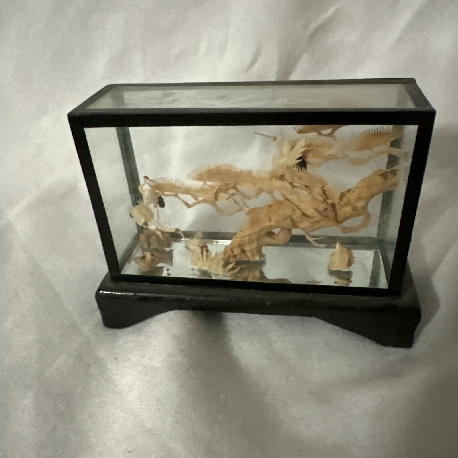 Lacquered Cork Art Small Diorama Hand Carved 3” of Pagoda & Cranes in Black Vtg